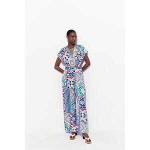 Zara Women Jumpsuit Size M Printed Multicolor Wide Leg Satin effect 3013/165 NWT